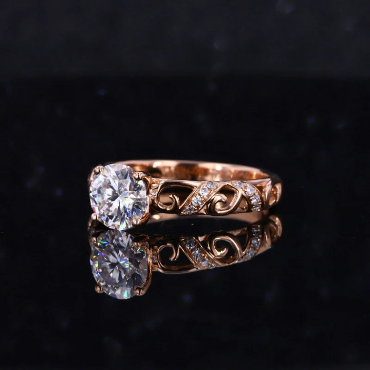 5mm Round Cut Moissanite with Garden Band in 14K Solid Rose/Yellow/White Gold