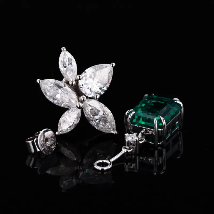 5x7mm, 1.00ct Each Lab-Grown Zambian Emerald Dangle Earrings with Marquise Diamond Flower in 14K White Gold