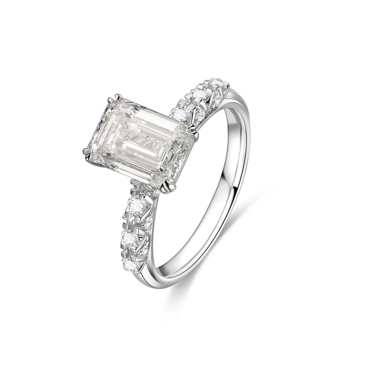 3.00ct Emerald Lab-Grown Diamond Solitaire Ring with Pavé Band in White Gold