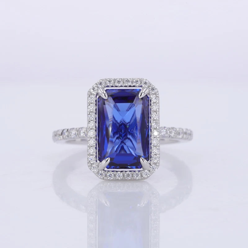 7x11mm, 4.90ct Baguette Step Lab-Grown Blue Sapphire with Diamond Halo/Half-Eternity Ring in 18K White Gold