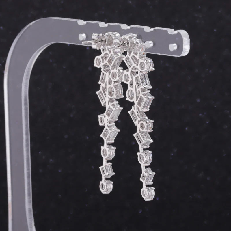 Round and Emerald Cut Cluster Moissanite Dangle Earrings in 18K Solid White Gold