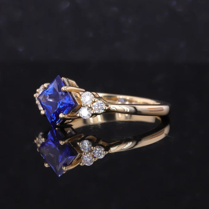 6x6mm, 1.00ct Princess Lab-Grown Blue Sapphire with Diamond Accents Ring in 14K Yellow Gold