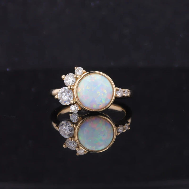 8mm Round Opal Moissanite Accent Ring in 14K Solid Yellow Gold