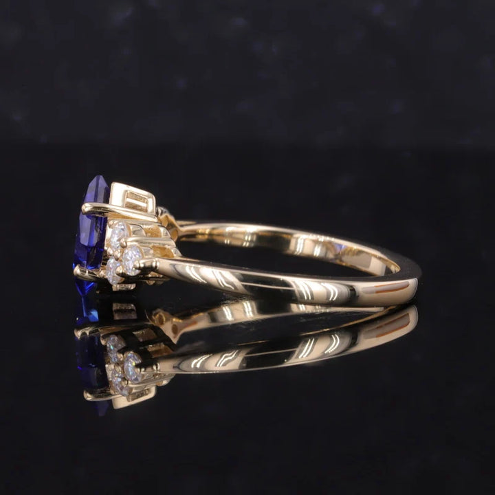 6x6mm, 1.00ct Princess Lab-Grown Blue Sapphire with Diamond Accents Ring in 14K Yellow Gold