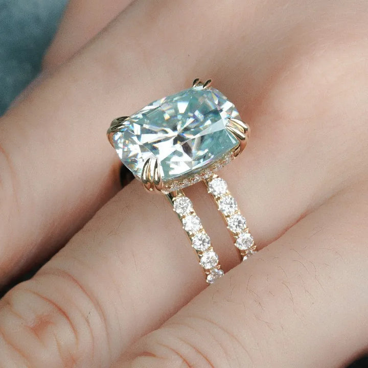 9x11mm, 5.90ct Cushion Lab-Grown Light Blue Sapphire with Hidden-Halo/Double Band Half-Eternity Ring in 10K Yellow Gold