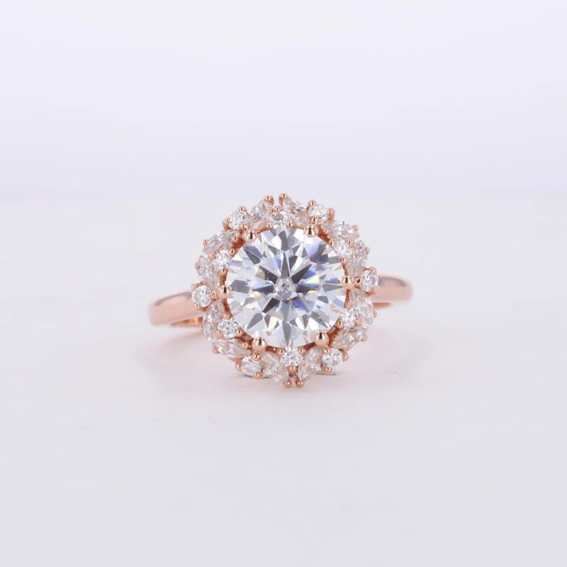 8.5mm Round Cut Moissanite with Round/Marquise Halo in 14K Solid Rose Gold