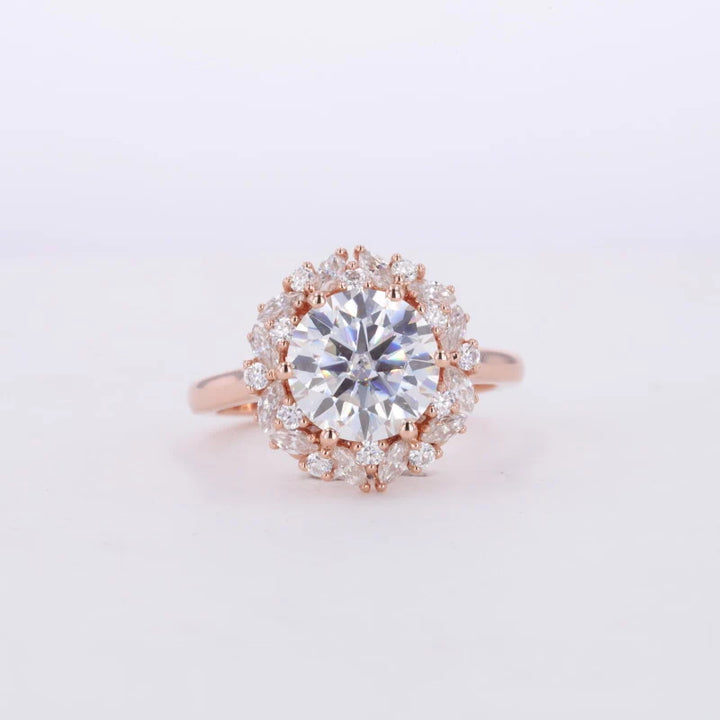 8.5mm Round Cut Moissanite with Round/Marquise Halo in 14K Solid Rose Gold