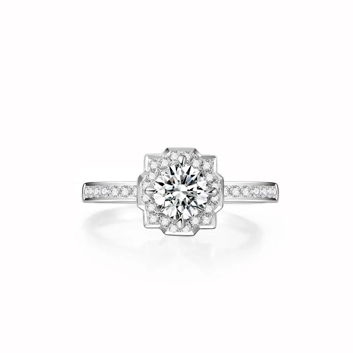 1.00ct Round Lab-Grown Diamond Solitaire Ring with Micropavé Band and Geometric Halo in White Gold