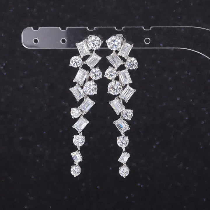 Round and Emerald Cut Cluster Moissanite Dangle Earrings in 18K Solid White Gold