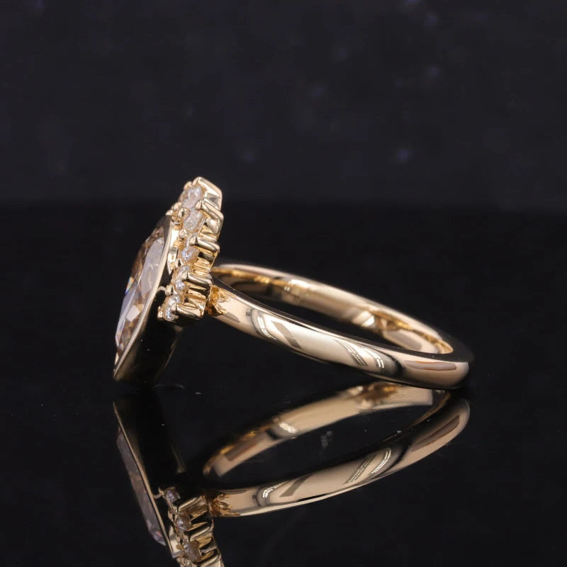 1.5ct Pear Cut Champaign Gold Moissanite with Half-Halo Moissanite in 14K Solid Yellow Gold