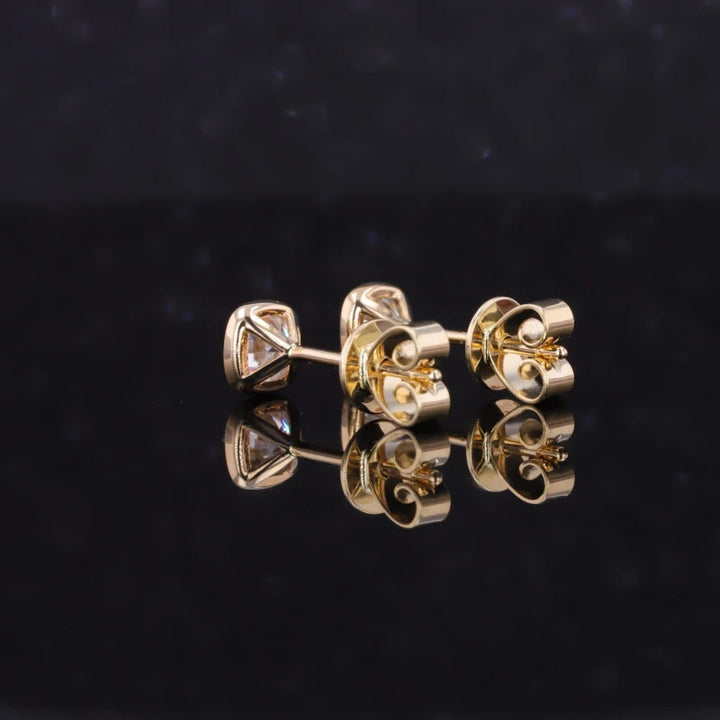 4*4mm Cushion Cut Moissanite Bezel Set Stud Earrings in 14K Solid Yellow Gold