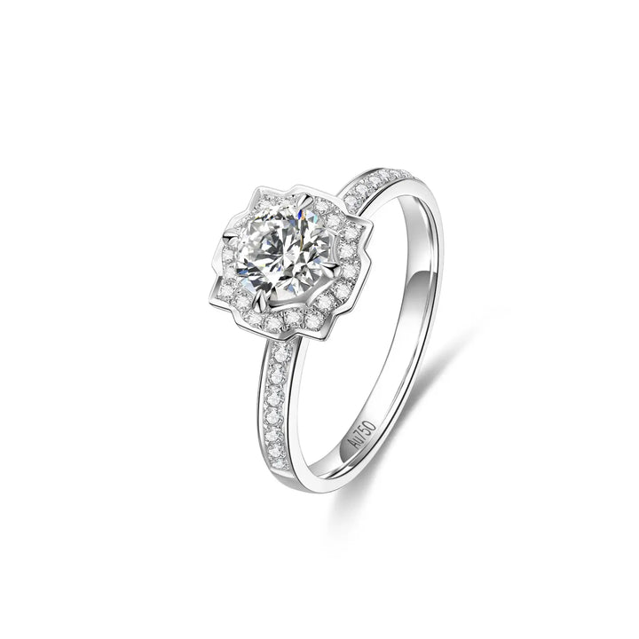 1.00ct Round Lab-Grown Diamond Solitaire Ring with Micropavé Band and Geometric Halo in White Gold