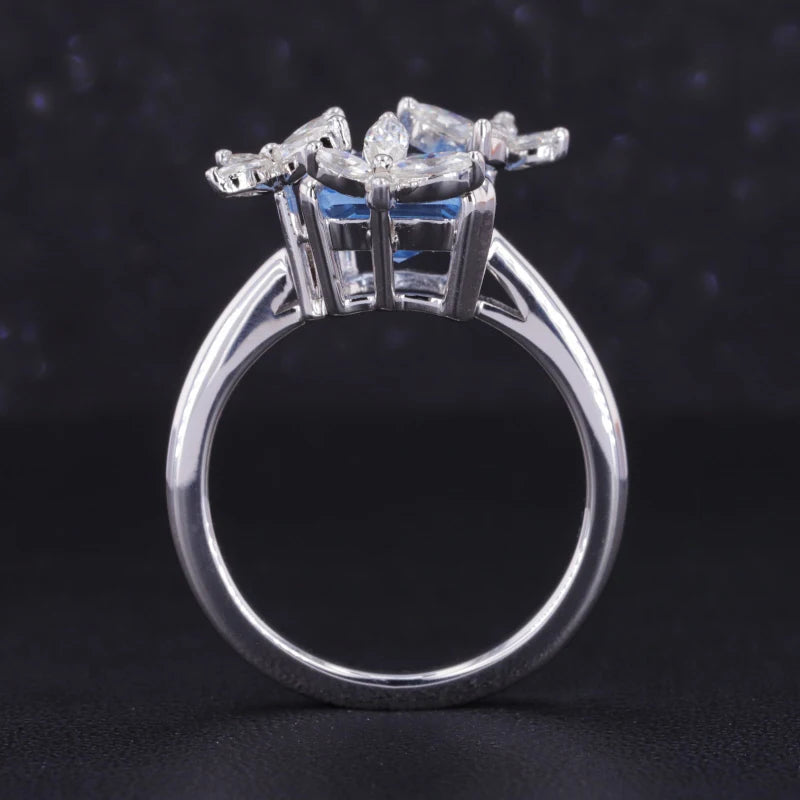 7x9mm, 2.50ct Emerald Lab-Grown Light Blue Sapphire with Diamond Butterflies Ring in 14K White Gold