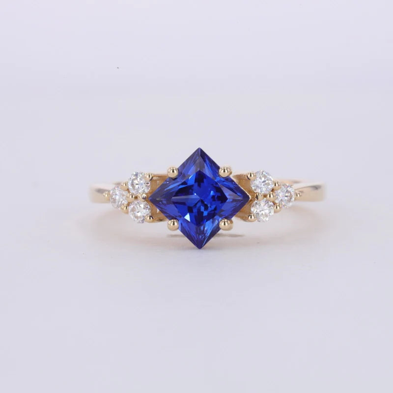 6x6mm, 1.00ct Princess Lab-Grown Blue Sapphire with Diamond Accents Ring in 14K Yellow Gold