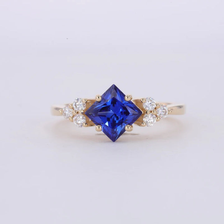 6x6mm, 1.00ct Princess Lab-Grown Blue Sapphire with Diamond Accents Ring in 14K Yellow Gold