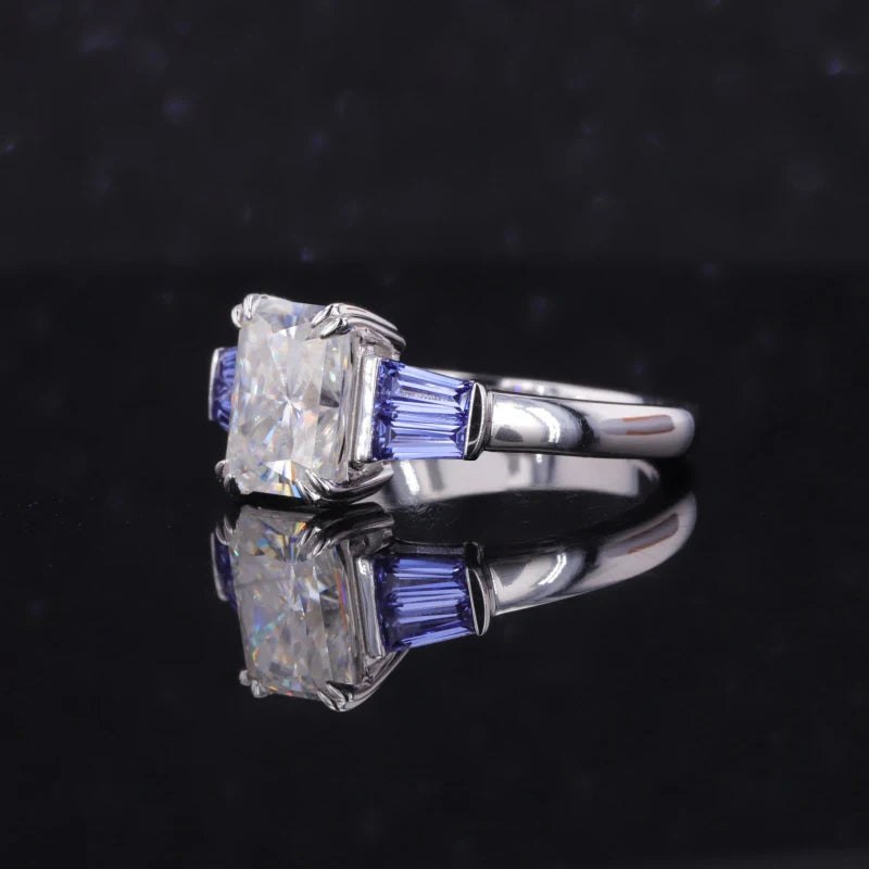1.75ct Radiant Lab-Grown Diamond with Trapezoidal Cut Blue Sapphires Three-Stone Ring in White Gold