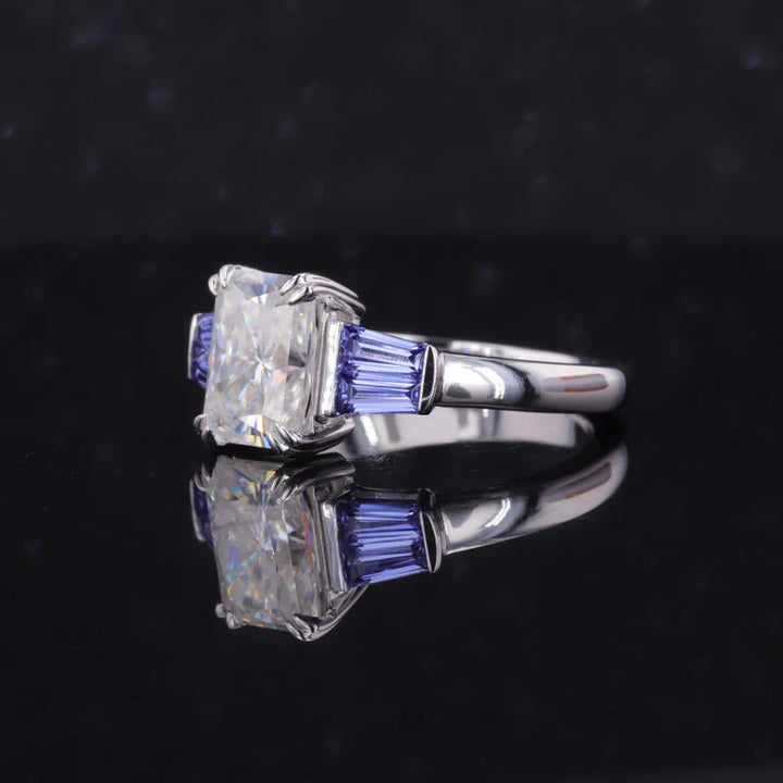 1.75ct Radiant Lab-Grown Diamond with Trapezoidal Cut Blue Sapphires Three-Stone Ring in White Gold