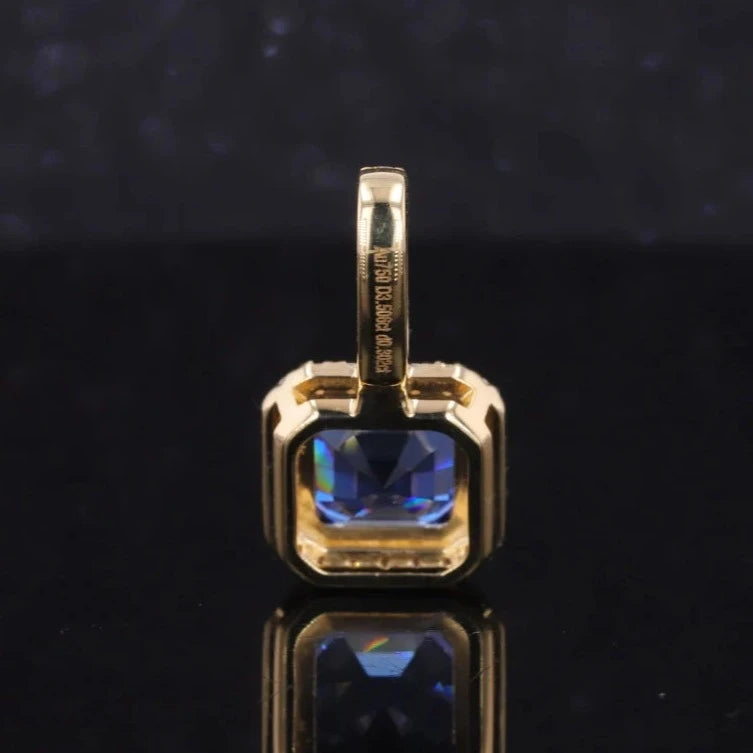 8x8mm, 3.50ct Asscher Lab-Grown Blue Sapphire with Diamond Halo Pendant in 18K Yellow Gold