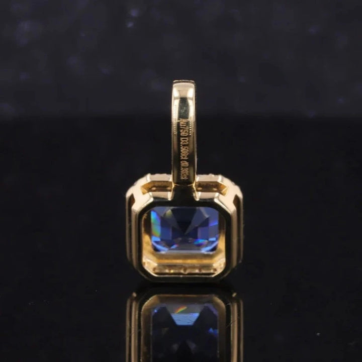 8x8mm, 3.50ct Asscher Lab-Grown Blue Sapphire with Diamond Halo Pendant in 18K Yellow Gold