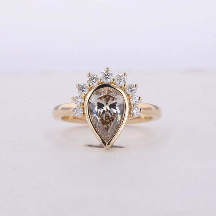 1.5ct Pear Cut Champaign Gold Moissanite with Half-Halo Moissanite in 14K Solid Yellow Gold