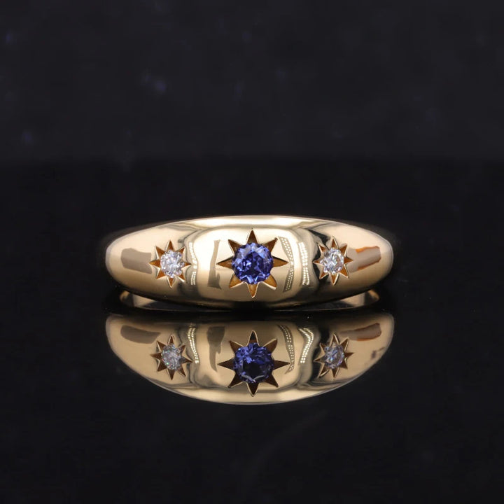 3mm Round Lab-Grown Blue Sapphire Three-Stone Ring with Round Diamonds in 18K Yellow Gold