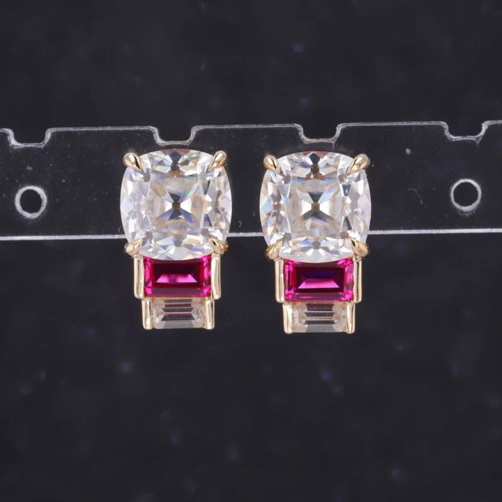 7*7mm, 2.80ctw Asscher Lab-Grown Diamond Earrings with Emerald Cut Ruby in 14k Solid Yellow Gold