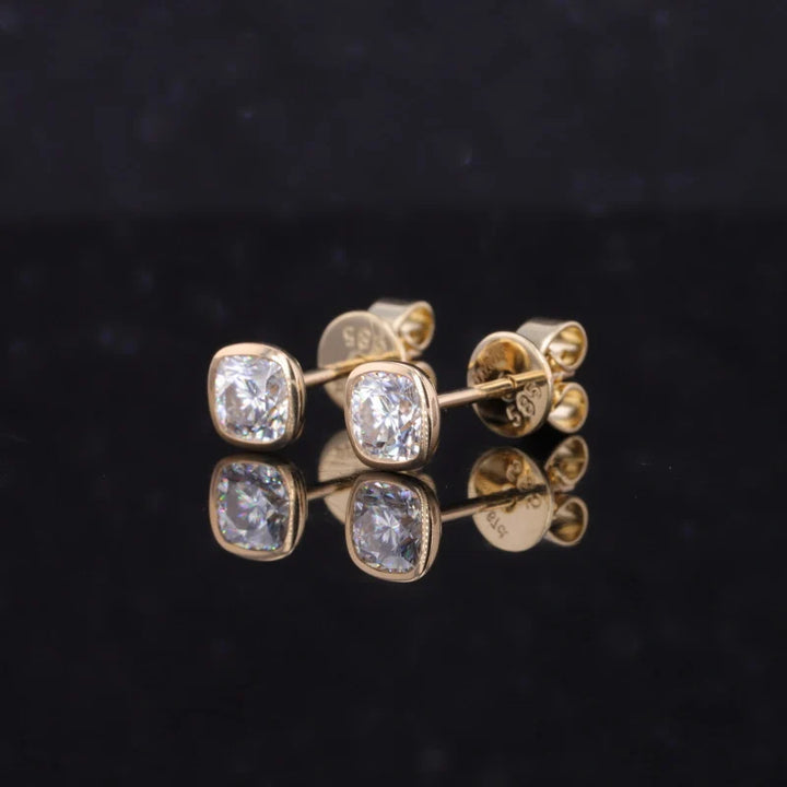 4*4mm Cushion Cut Moissanite Bezel Set Stud Earrings in 14K Solid Yellow Gold
