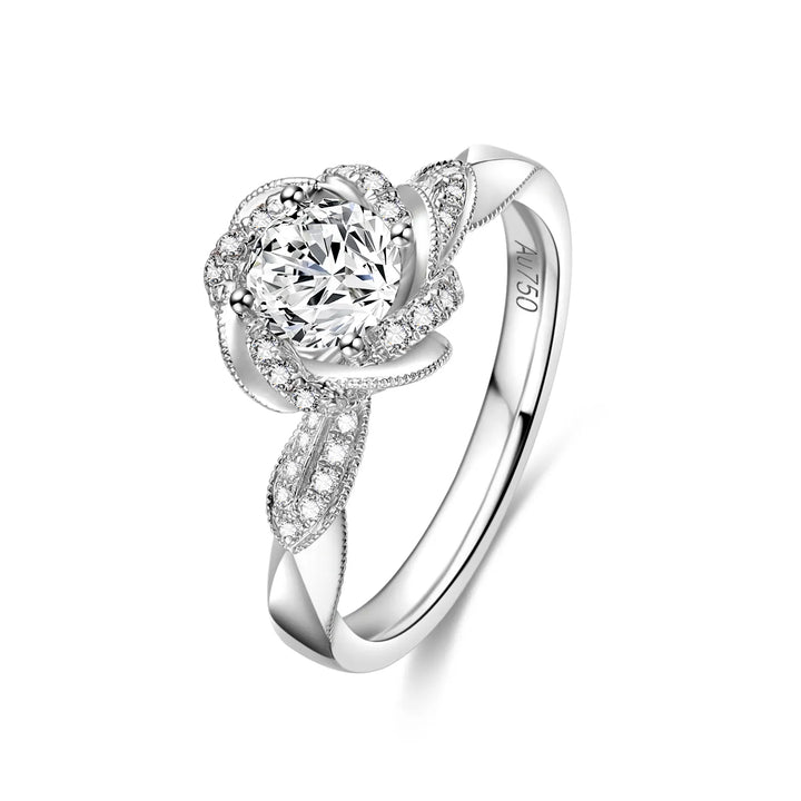 0.75ct Round Lab-Grown Diamond Solitaire Ring with Rose Halo and Raised Bouquet Setting in White Gold