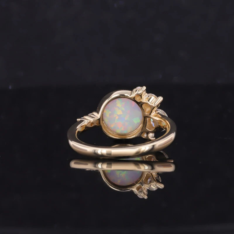 8mm Round Opal Moissanite Accent Ring in 14K Solid Yellow Gold