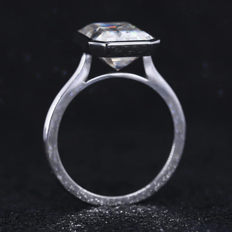 9x11mm Emerald Cut Moissanite Bezel-Set Solitaire Ring in 14K Solid White Gold