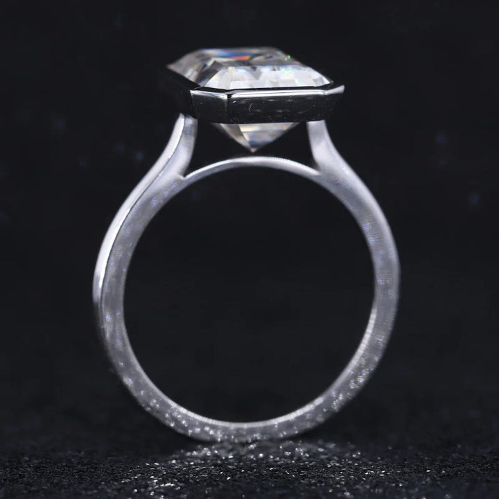 9x11mm Emerald Cut Moissanite Bezel-Set Solitaire Ring in 14K Solid White Gold