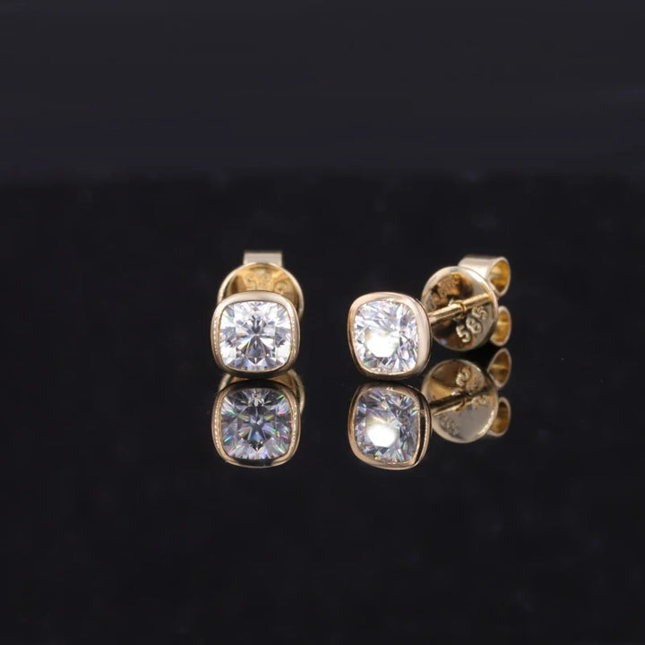 4*4mm Cushion Cut Moissanite Bezel Set Stud Earrings in 14K Solid Yellow Gold