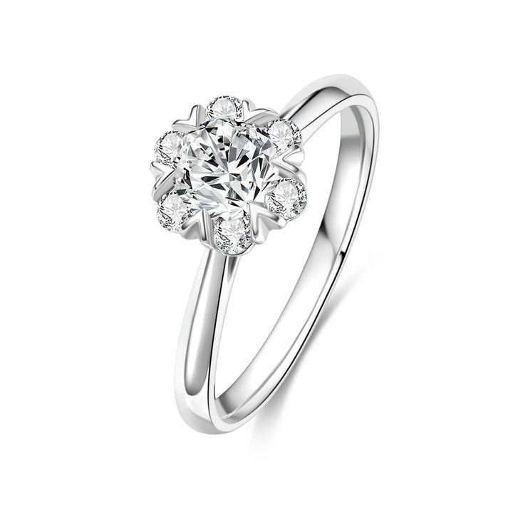 0.75ct Round Lab-Grown Diamond Solitaire Ring with Raised Classical Flower Halo Setting in White Gold