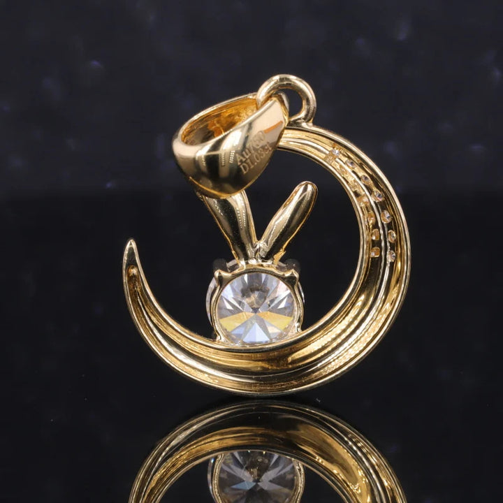 1.00ct Round Cut Moissanite Rabbit and Moon Pendant Necklace in 18K Solid Yellow Gold
