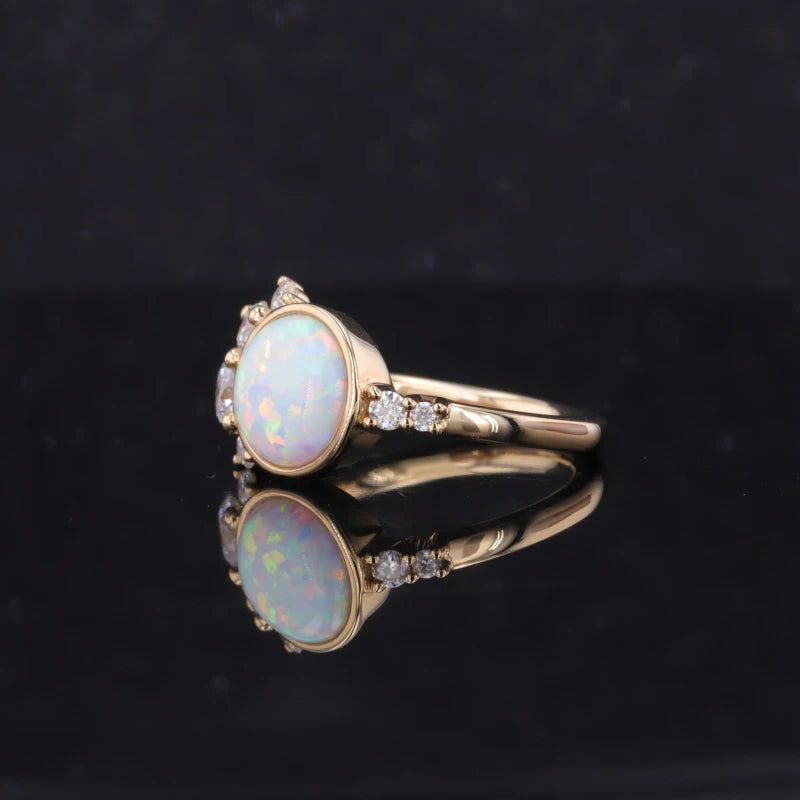 8mm Round Opal Moissanite Accent Ring in 14K Solid Yellow Gold