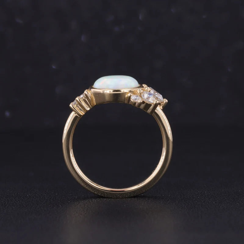 8mm Round Opal Moissanite Accent Ring in 14K Solid Yellow Gold