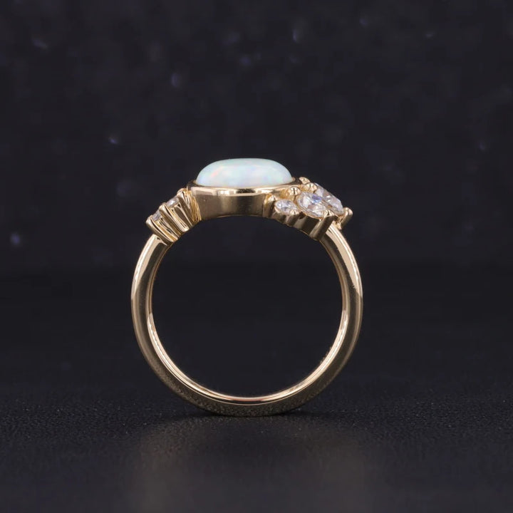 8mm Round Opal Moissanite Accent Ring in 14K Solid Yellow Gold