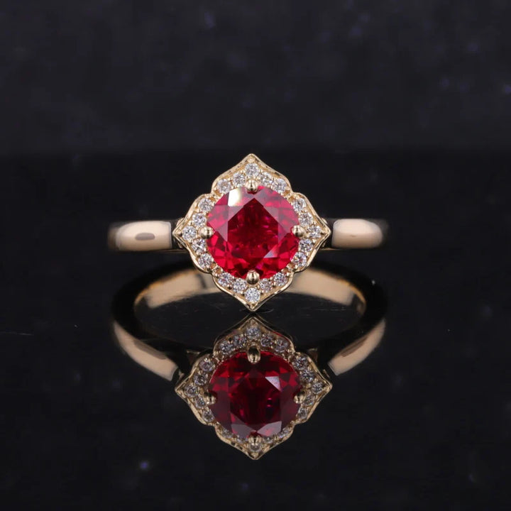 5mm, 1ct Round Lab-Grown Ruby Ring with Diamond Vintage Halo in Yellow Gold