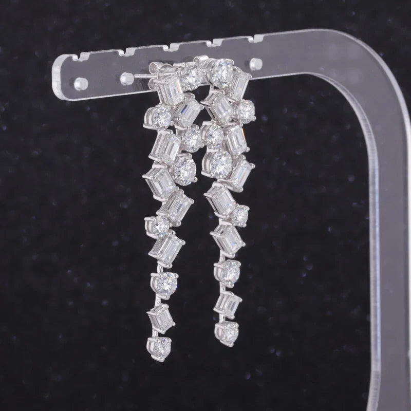 Round and Emerald Cut Cluster Moissanite Dangle Earrings in 18K Solid White Gold