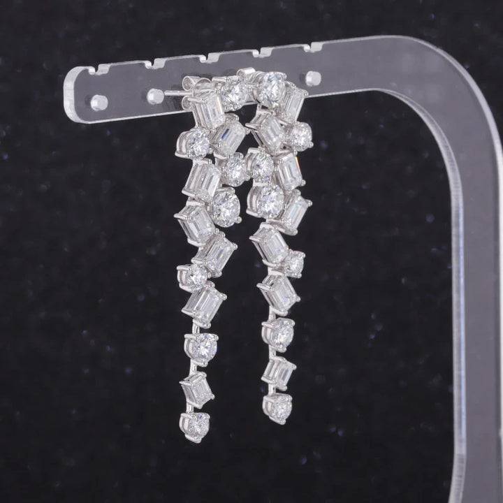 Round and Emerald Cut Cluster Moissanite Dangle Earrings in 18K Solid White Gold