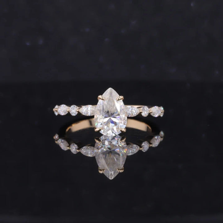 1.5ct Pear Cut Moissanite Half Eternity Ring in 14K Solid Yellow Gold