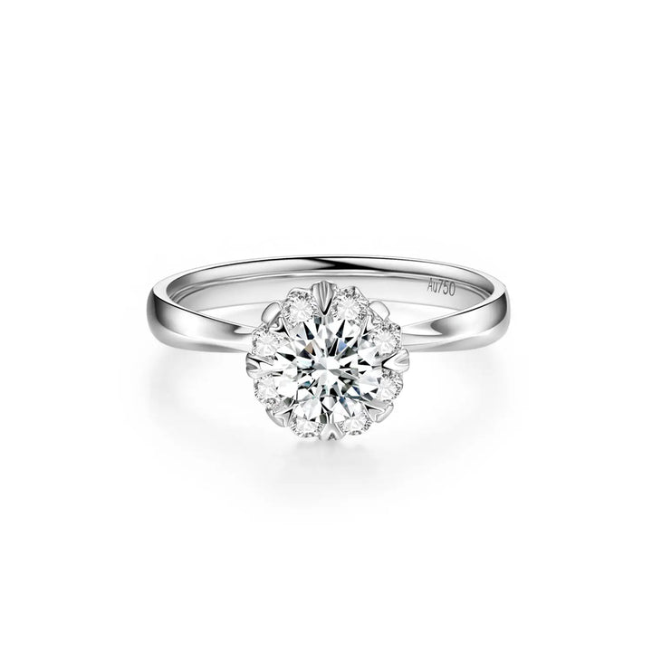 0.75ct Round Lab-Grown Diamond Solitaire Ring with Raised Flower Halo Setting in White Gold