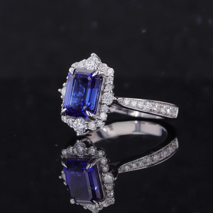 6x8mm, 2.10ct Emerald Lab-Grown Blue Sapphire Diamond Halo/Half-Eternity Ring in 14K White Gold