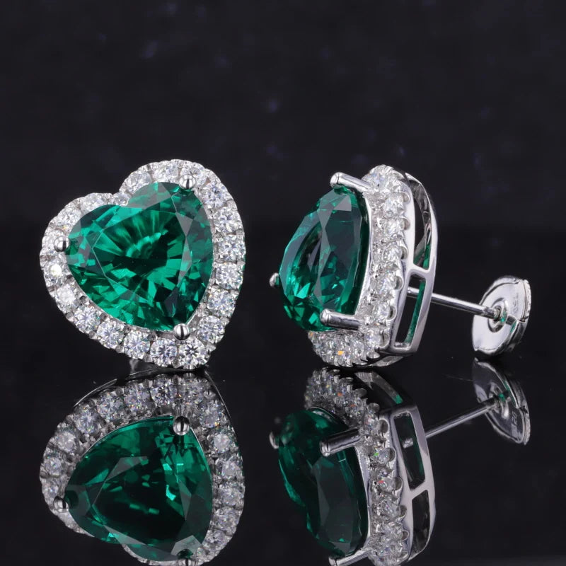 10mm, 3.20ct each Heart Lab-Grown Zambian Emerald with Diamond Halo Earrings in 18K White Gold
