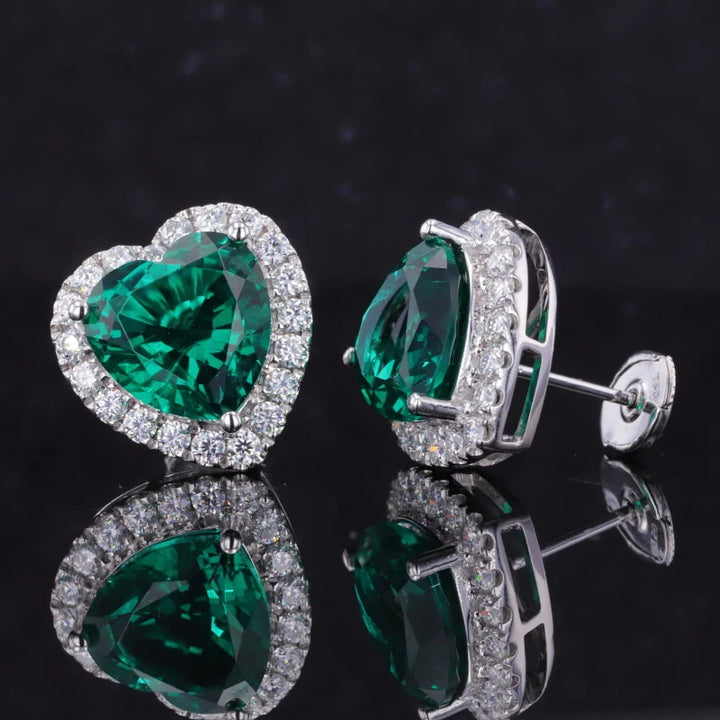 10mm, 3.20ct each Heart Lab-Grown Zambian Emerald with Diamond Halo Earrings in 18K White Gold