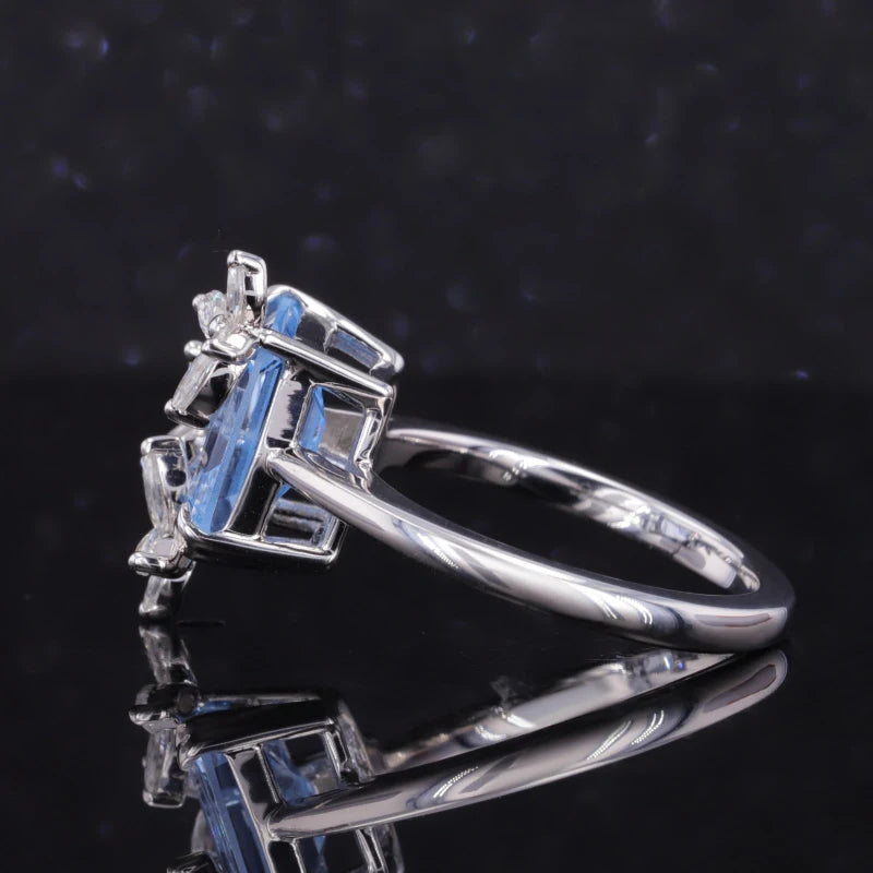 7x9mm, 2.50ct Emerald Lab-Grown Light Blue Sapphire with Diamond Butterflies Ring in 14K White Gold