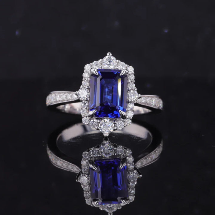 6x8mm, 2.10ct Emerald Lab-Grown Blue Sapphire Diamond Halo/Half-Eternity Ring in 14K White Gold