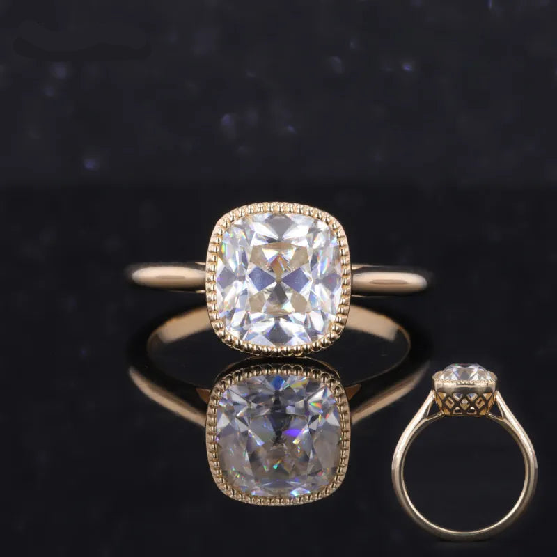 Old Mine Cut Bezel-Set Moissanite Vintage Ring in 10K Solid Yellow Gold