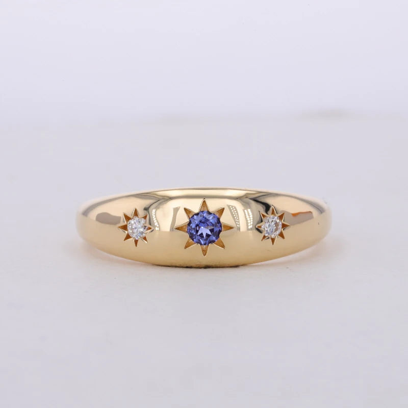 3mm Round Lab-Grown Blue Sapphire Three-Stone Ring with Round Diamonds in 18K Yellow Gold