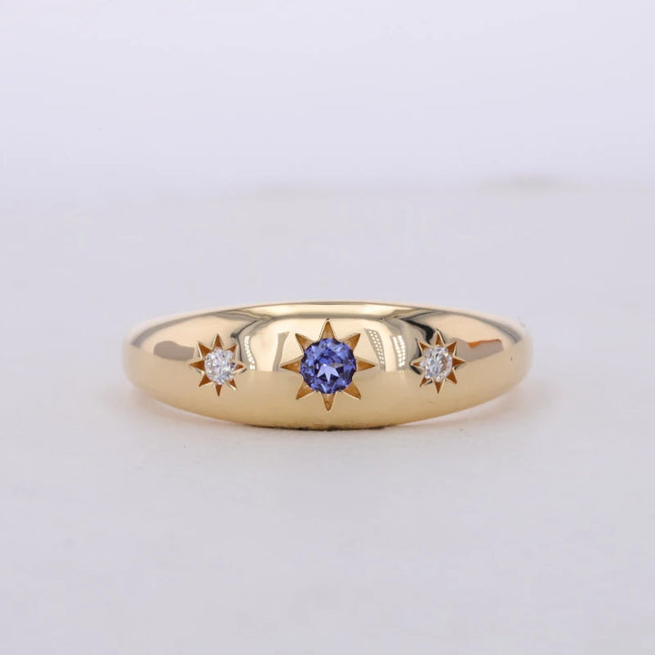 3mm Round Lab-Grown Blue Sapphire Three-Stone Ring with Round Diamonds in 18K Yellow Gold